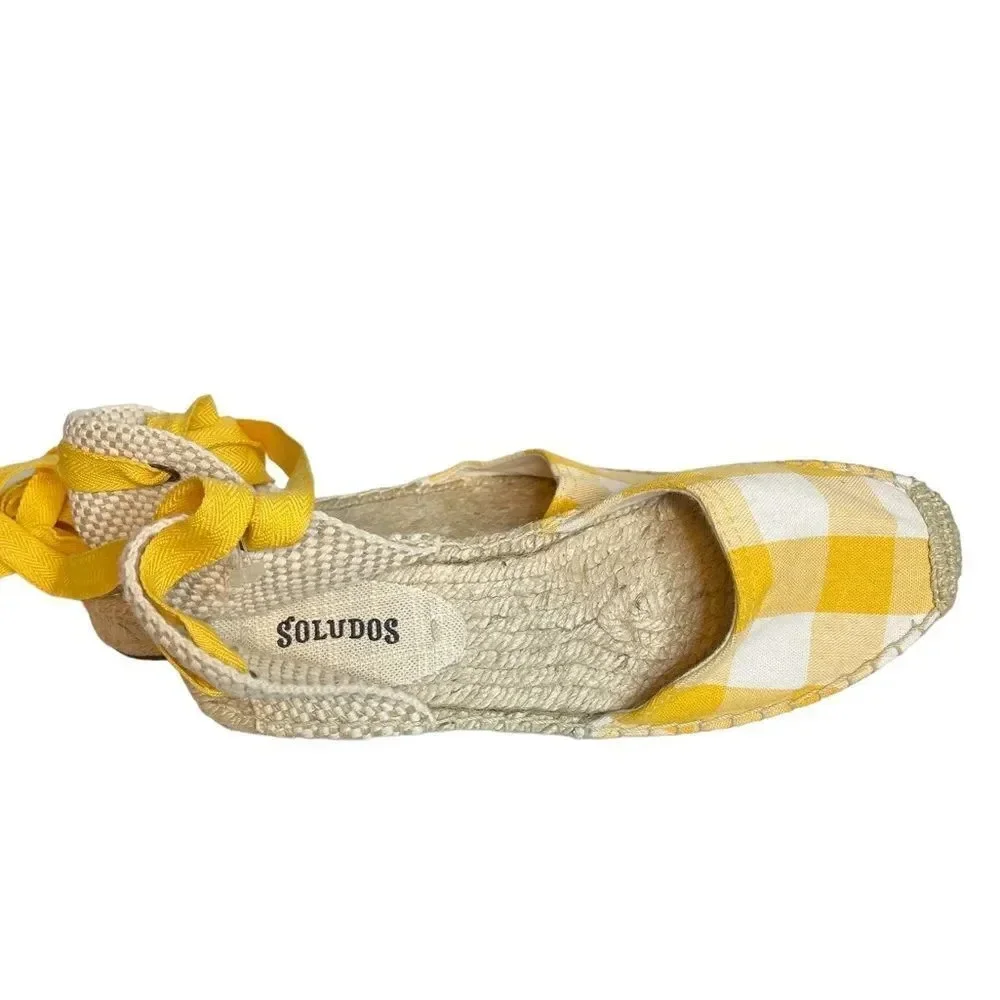 Soludos Lauren Espadrilles Size 7 Plaid Marigold Ankle Wrap Ties Jute EUC